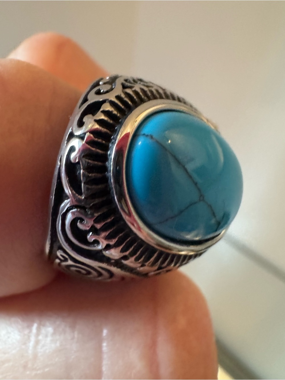 Western Turquoise Statement Ring Size 11 Silver Tone Engraved Oval Cabochon - Picture 4 of 9